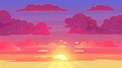 Cartoon sunset sky. Gradient violet and yellow sky clouds landscape, e ...