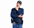 Young Handsome Man Wearing Police Uniform Thinking Worried about a ...