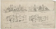 Large Tudor mansion blueprint, facade and floor plans | Mansion floor ...
