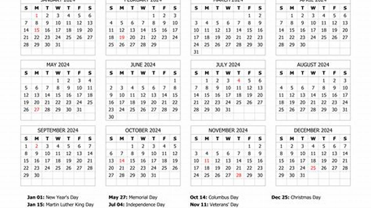 2024 12 Month Calendar With Holidays Printable Free Online