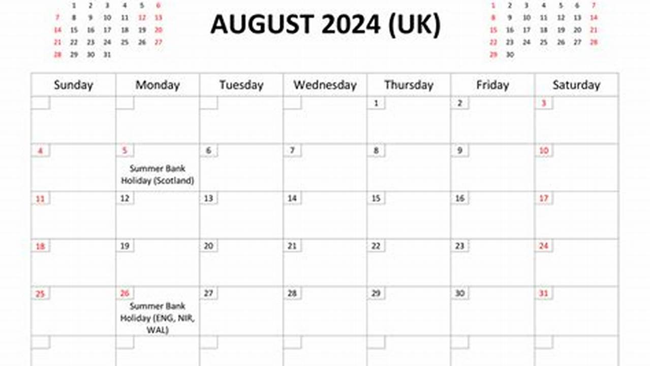 2024 August Calendar With Holidays Uk 2024
