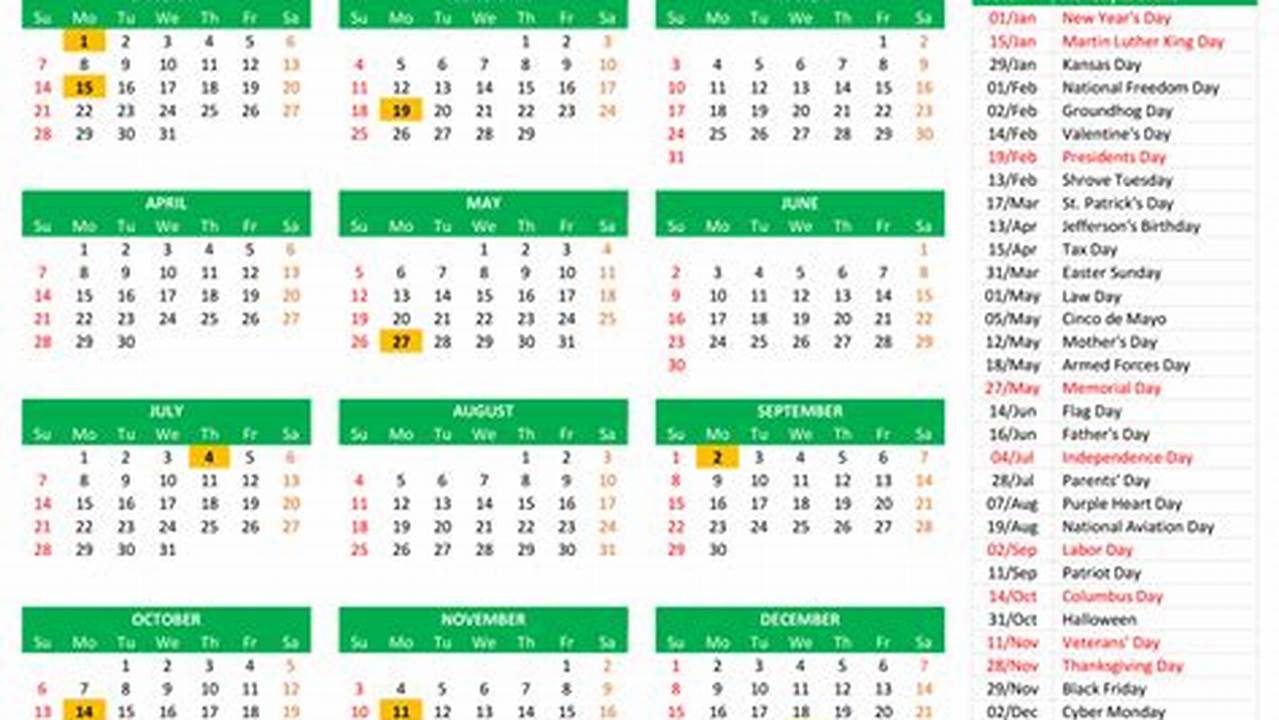 2024 Calendar Template With Holidays Listed Meaning