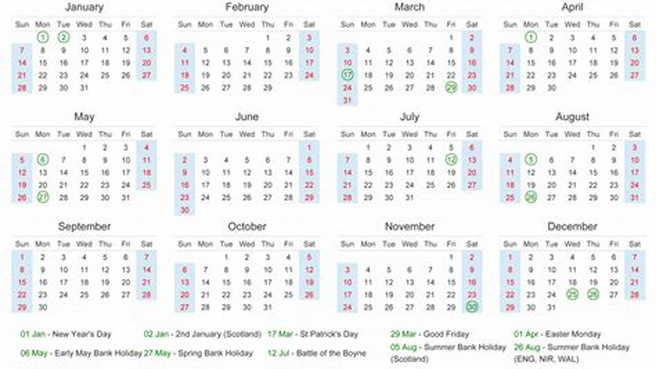 2024 Calendar With Uk Bank Holidays At Bottom Landscape Layout 2024, The., 2024