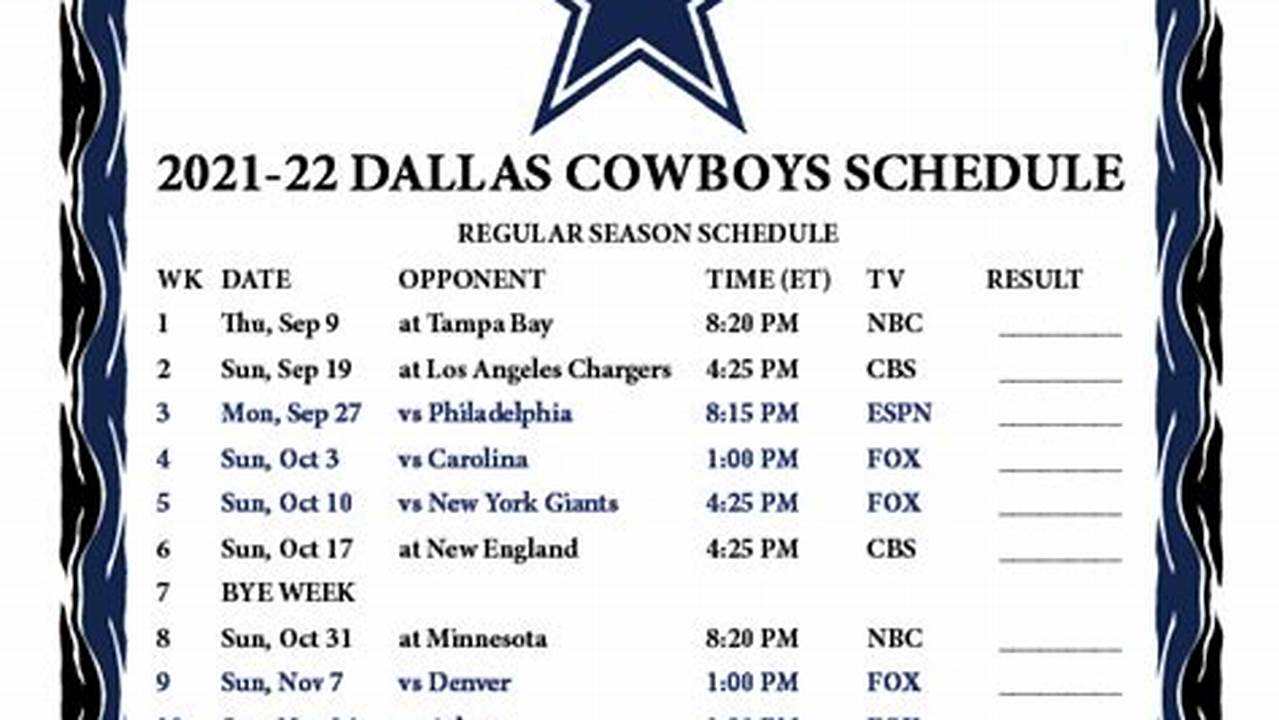 2024 Dallas Cowboys Printable Schedule