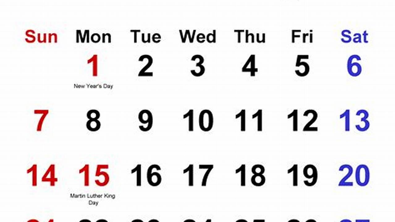 2024 January Calendar Big Numbers List Pdf