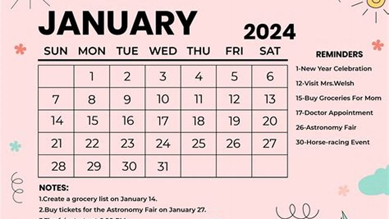 2024 January Calendar Cute Free Printables