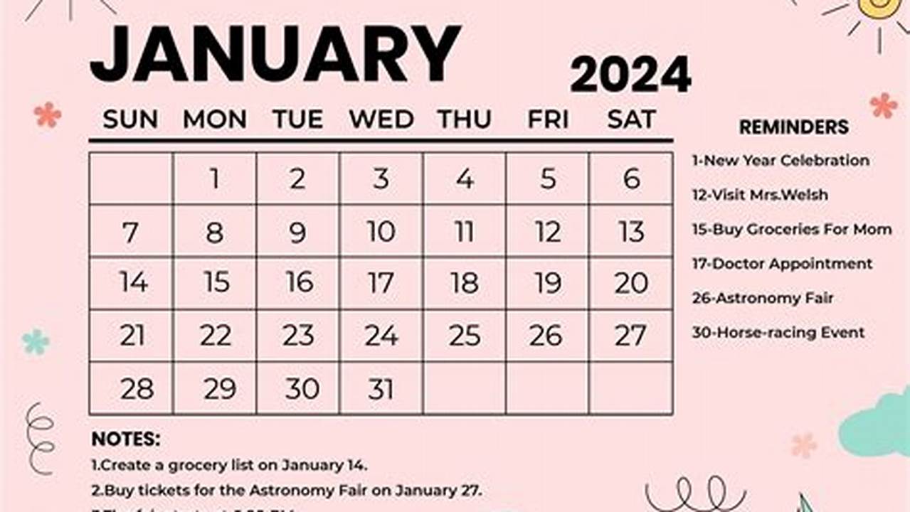 2024 January Calendar Cute Printable Bookmarks