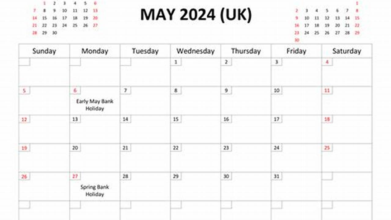 2024 May Calendar With Holidays Uk Printable