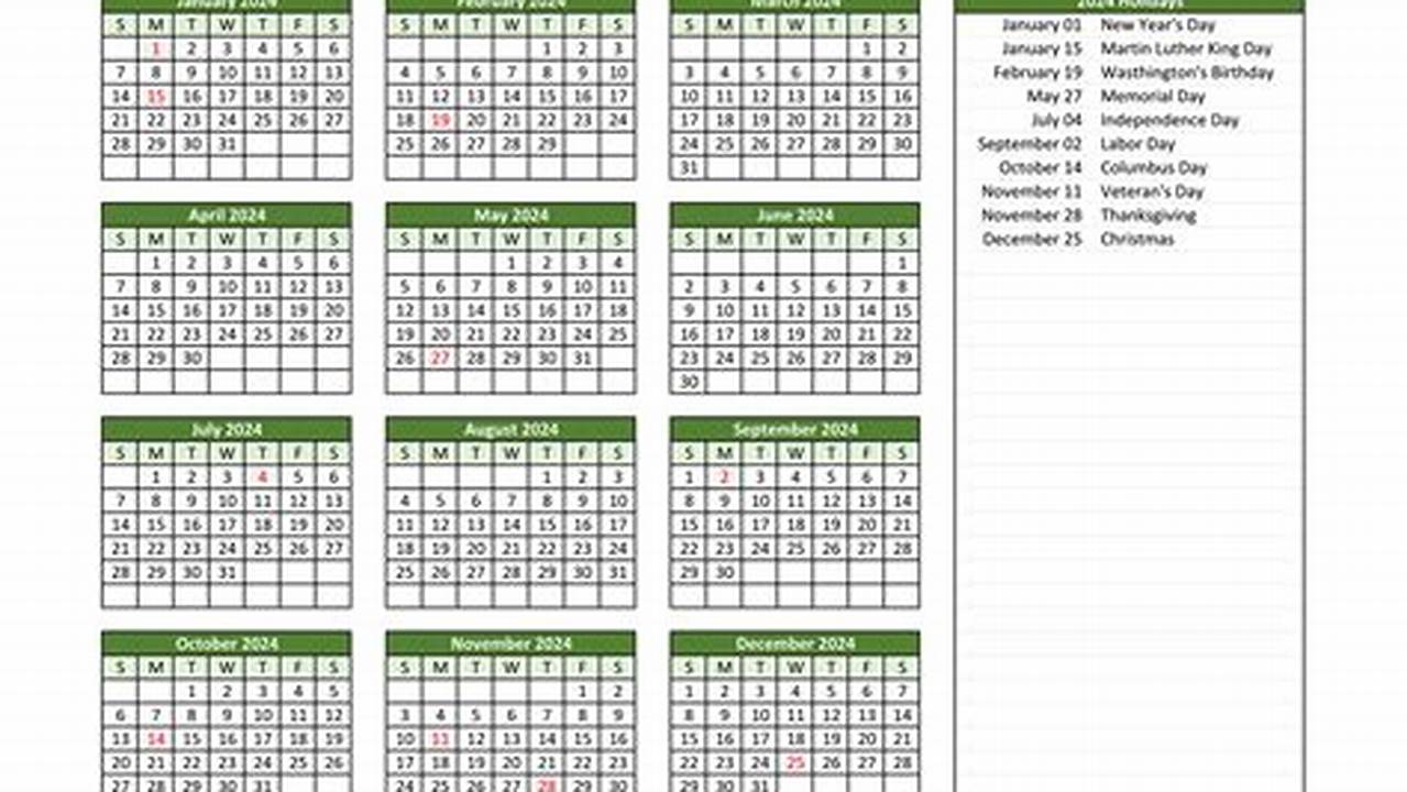 2024 Monthly Calendar With Holidays Templates