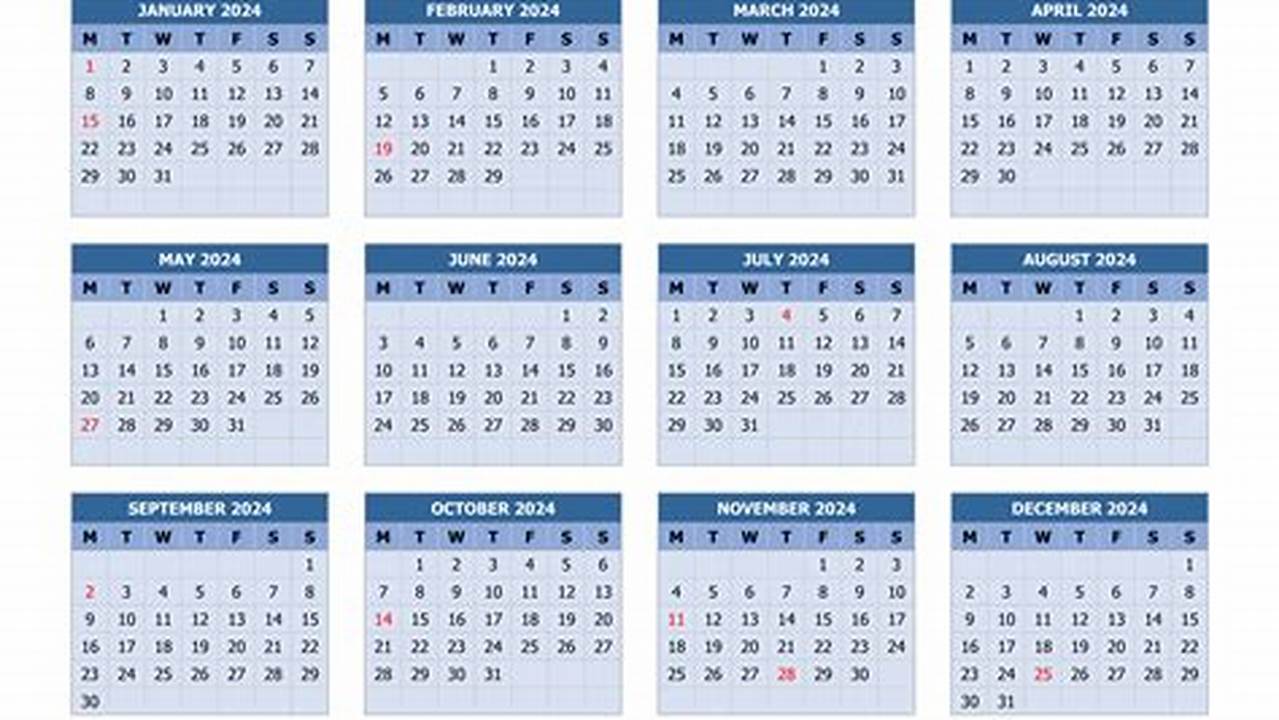 2024 Yearly Calendar Printable Monday Start