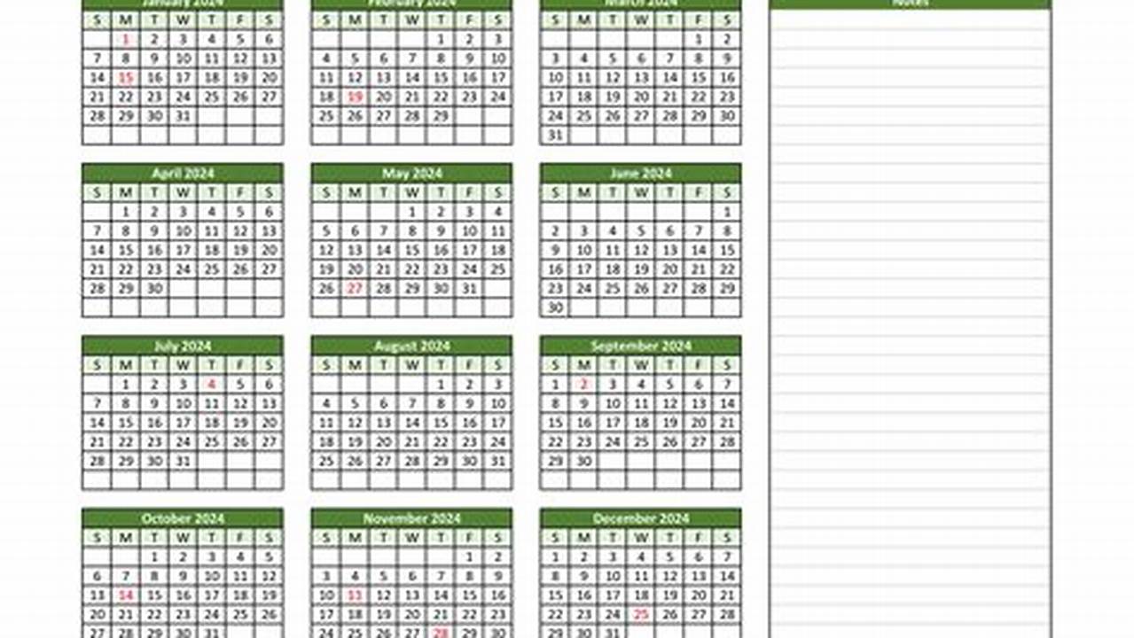2024 Yearly Calendar Printable With Notes Sheet Pdf