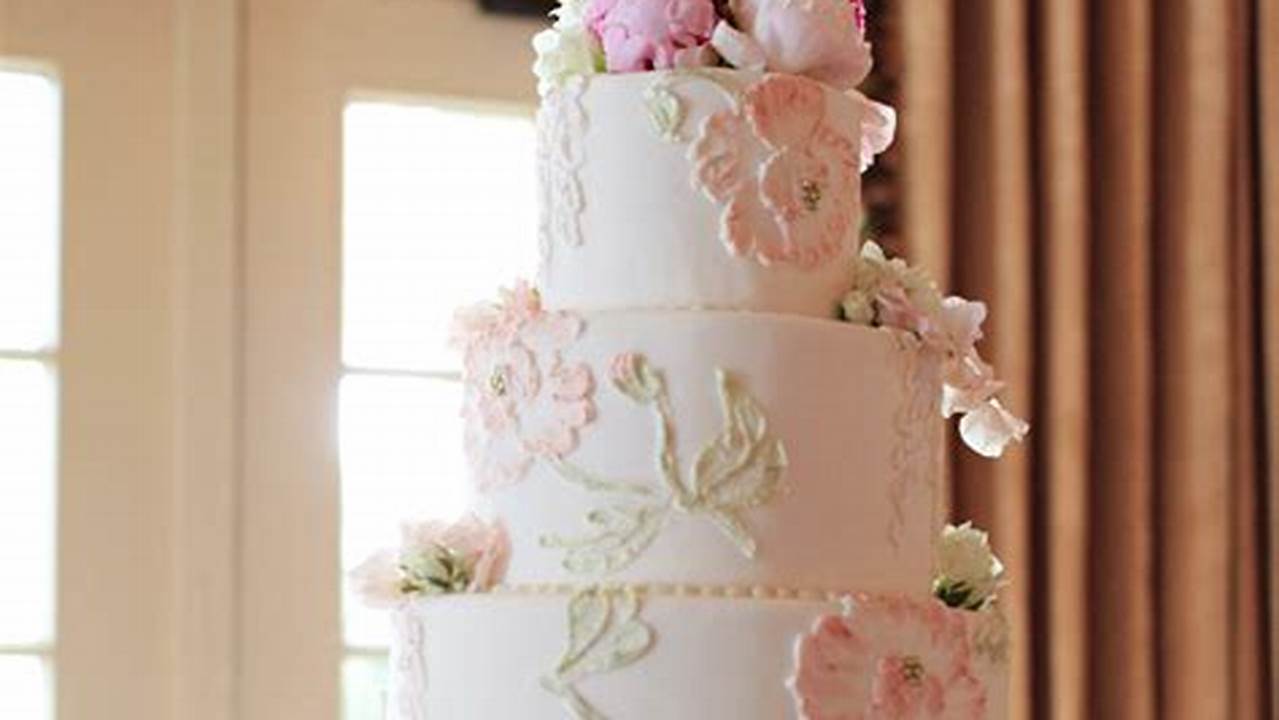 A Pink Wedding Cake With Green Frosting And Sugar Flowers., Green Pink Wedding Colors