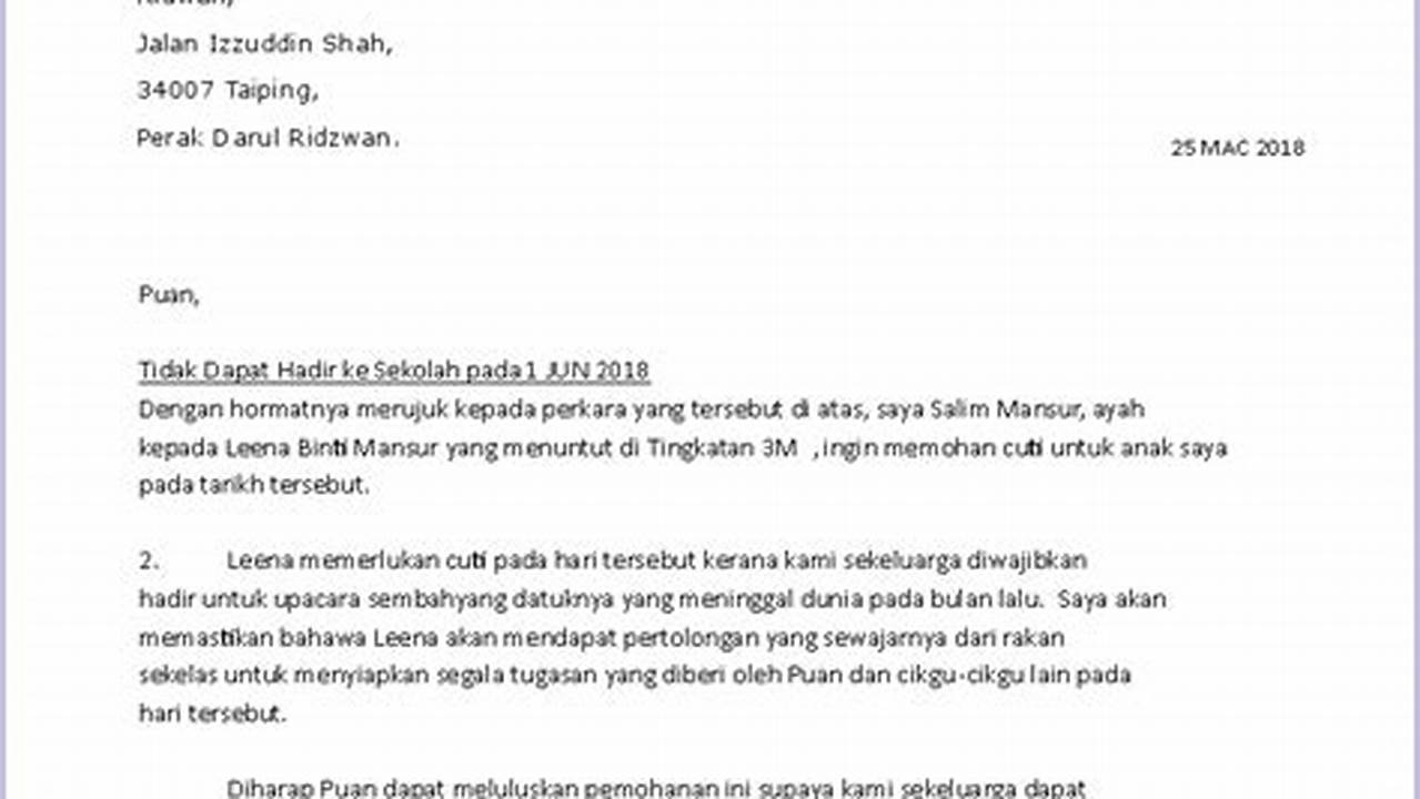 Alasan Ketidakhadiran, Contoh Surat