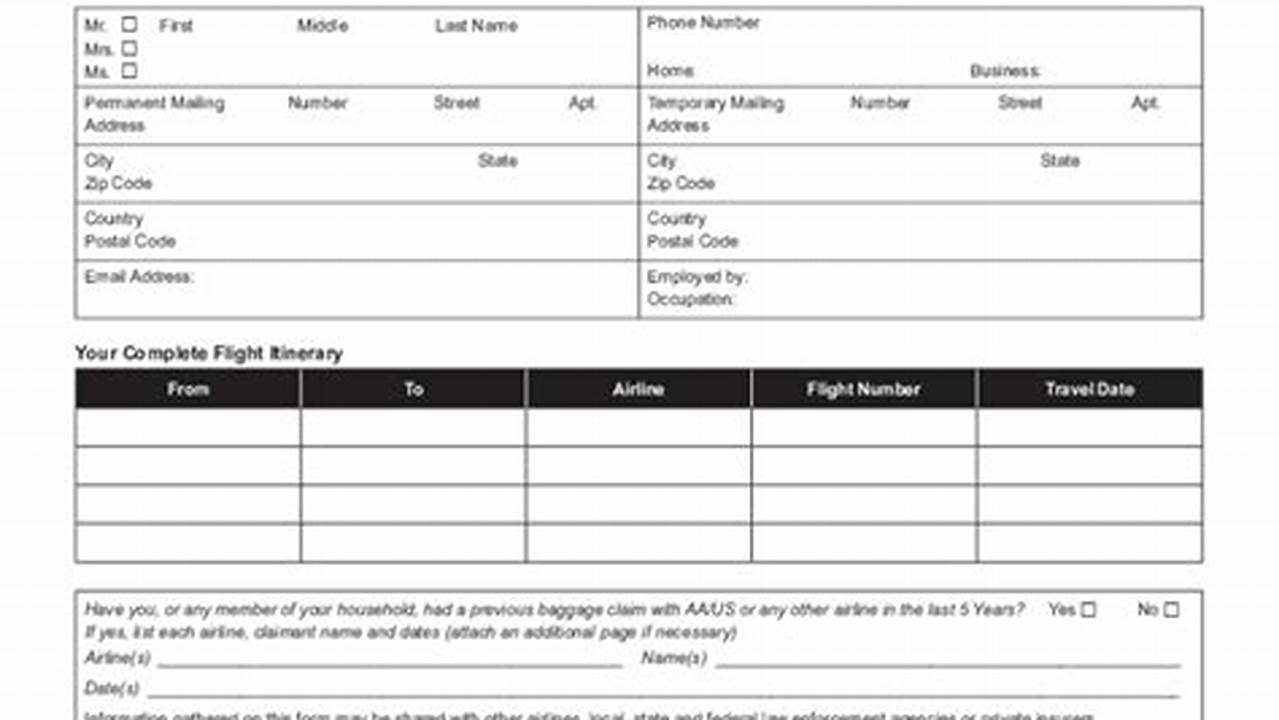 American Airlines Passenger Property Questionnaire
