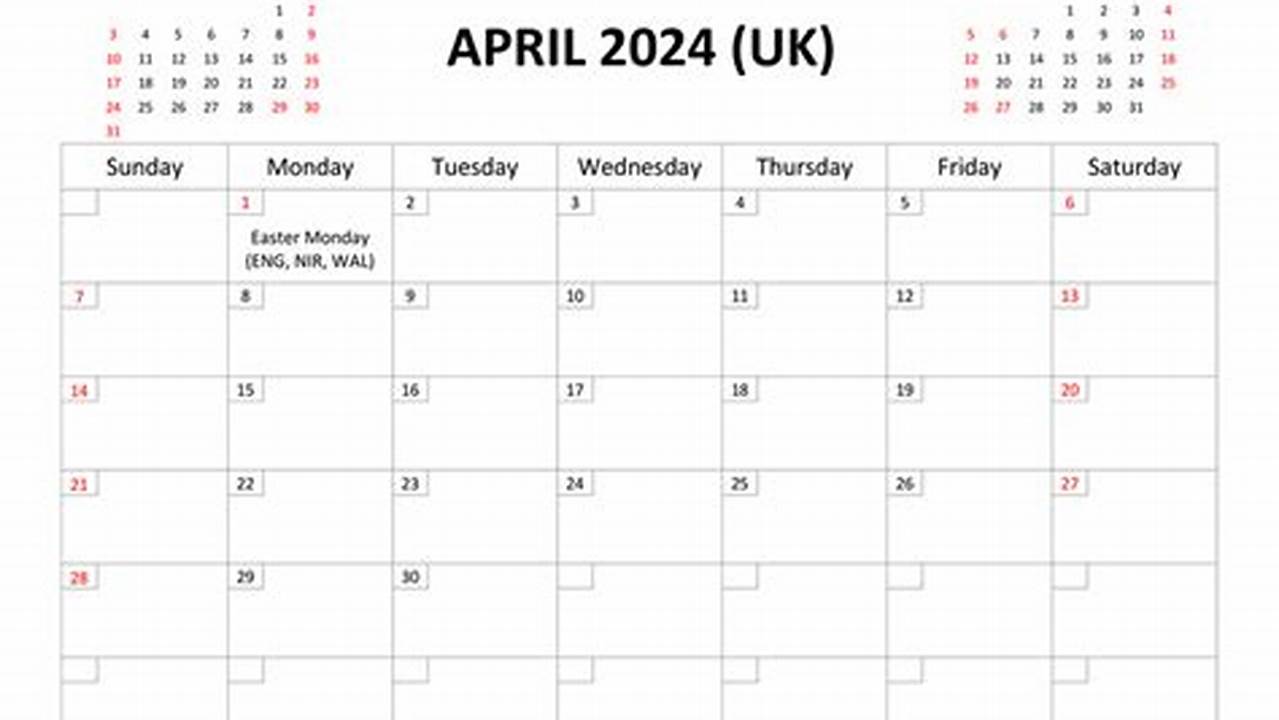 April 2024 Calendar With Holidays Printable Uk
