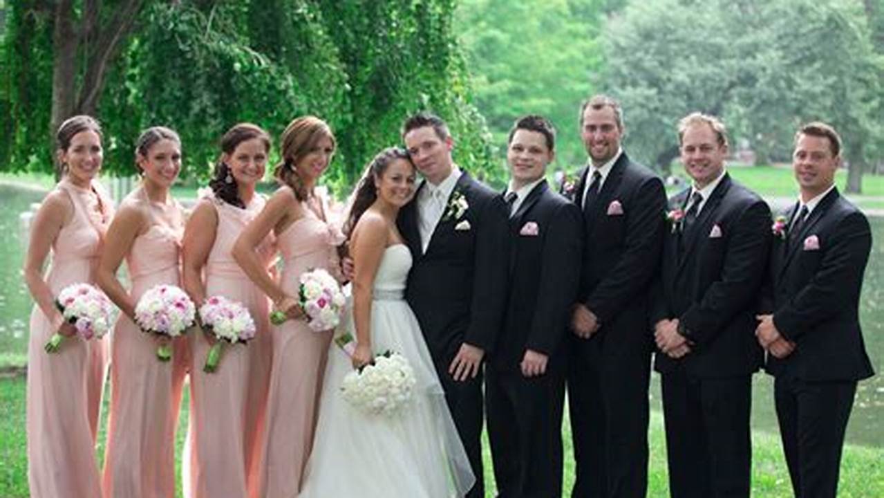 Bridesmaids In Pink Dresses And Groomsmen In Green Suits, Green Pink Wedding Colors