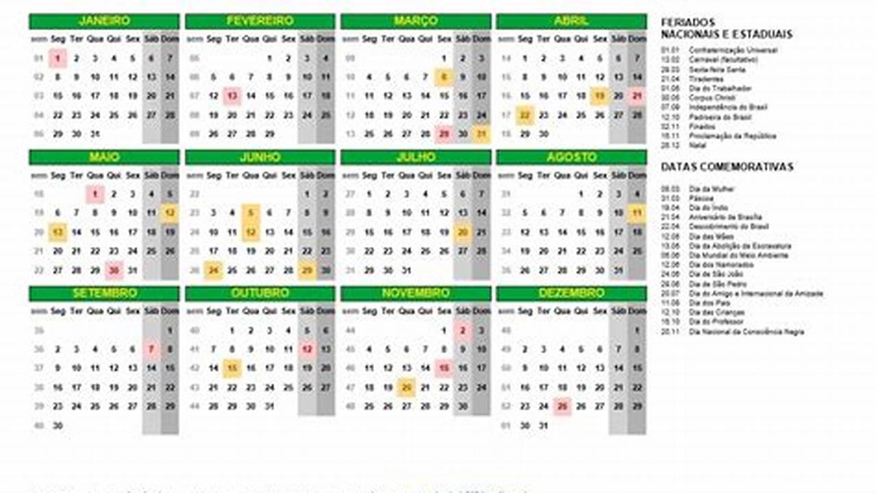 Calendário 2024 Com Os Feriados Nacionais, Pontos Facultativos E Datas Comemorativas Do Brasil., 2024