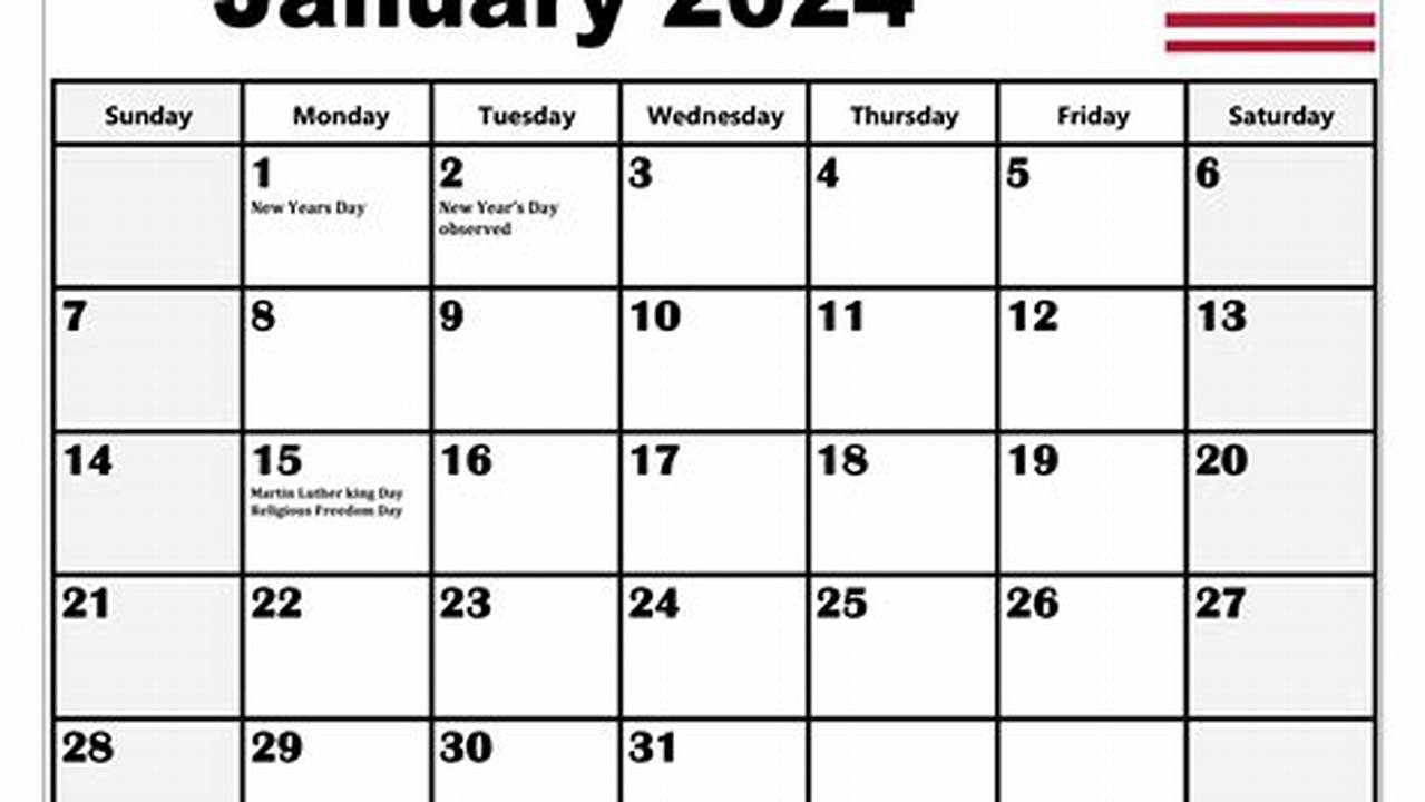 Calendar For January 2024 With Holidays Free