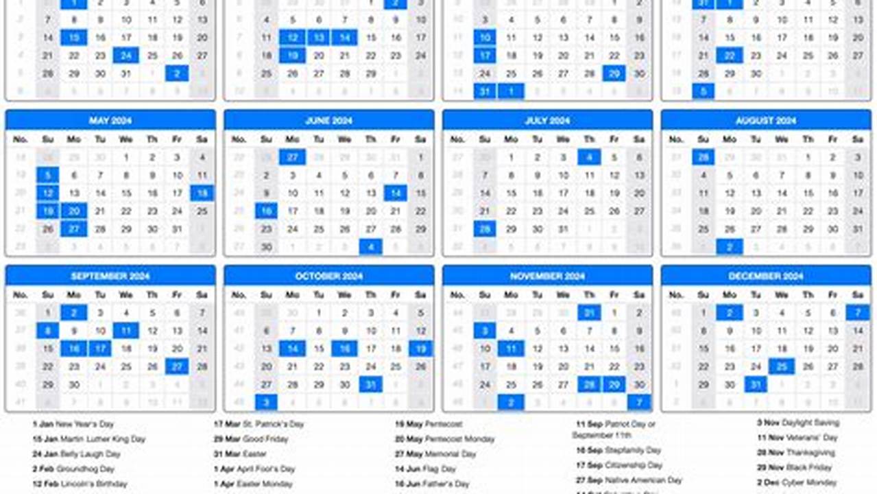 Calendar With Event Days For 2024 And 2024