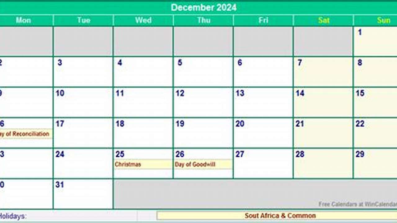 December 2024 Calendar With Holidays South Africa Template
