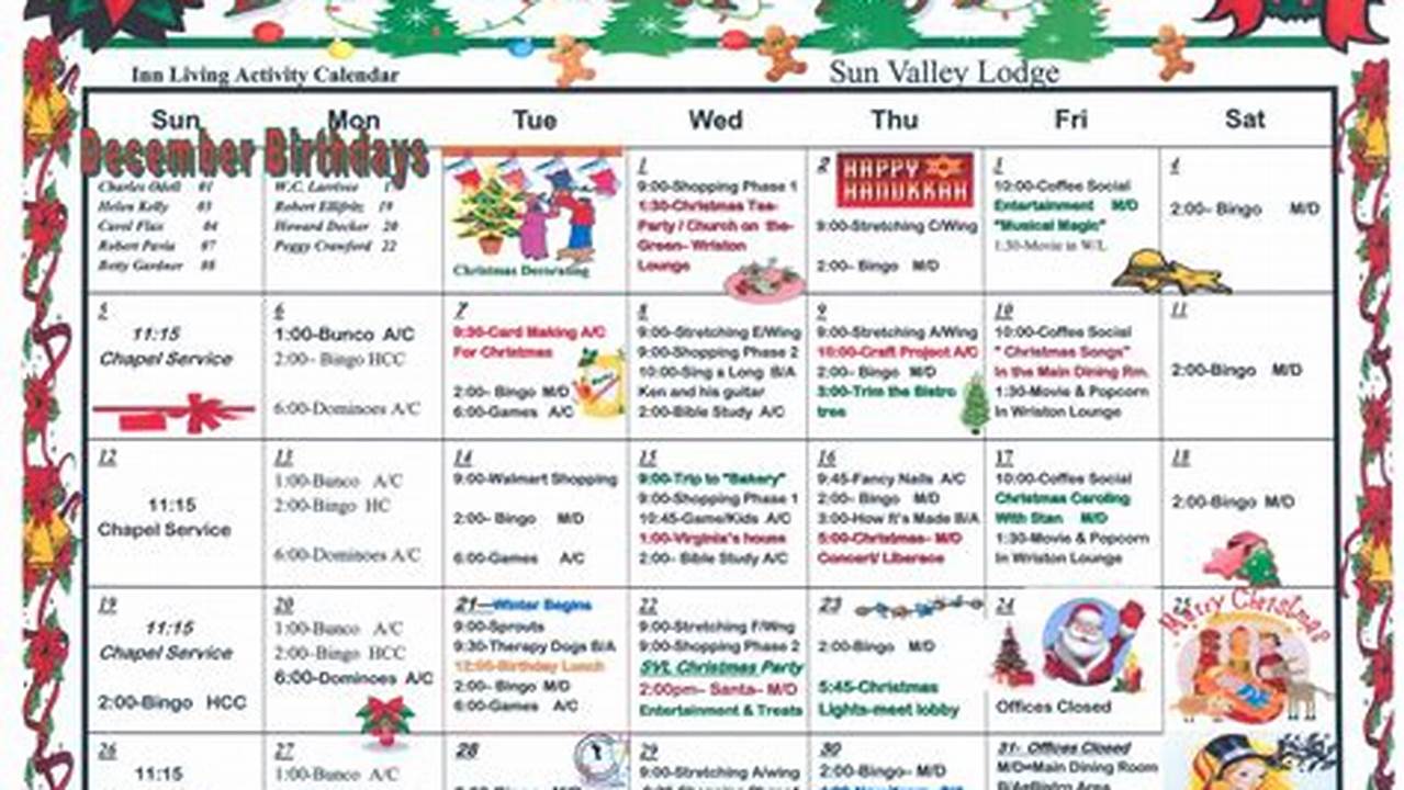 December Activity Calendar For Seniors