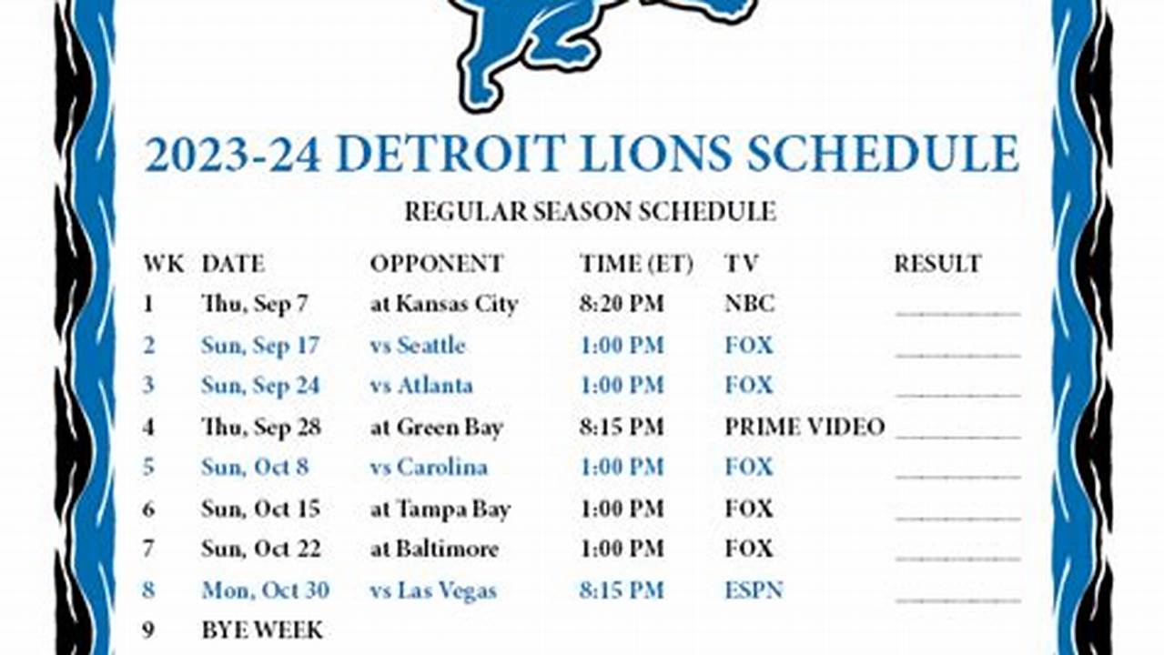 Detroit Lions Schedule 2024 Printable Calendar By Month