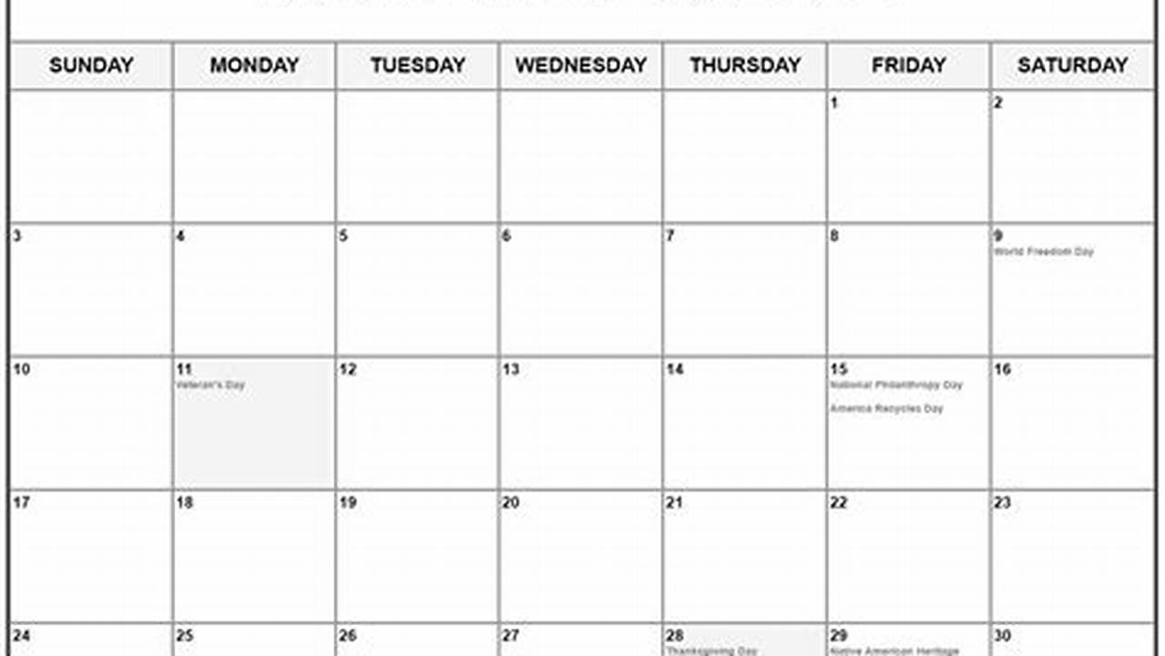 Downloadable Free Printable November 2024 Calendar With Holidays Listening