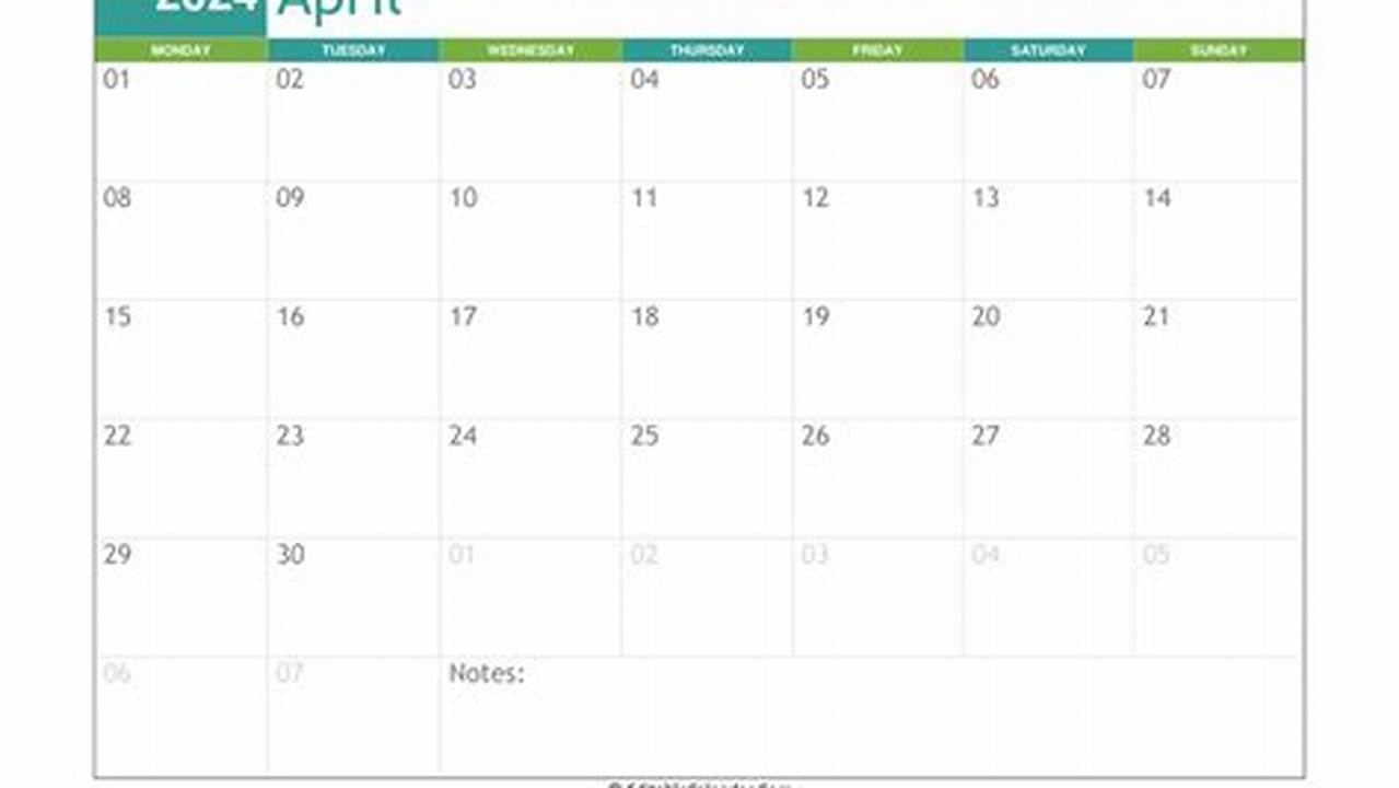 Editable April Calendar 2024