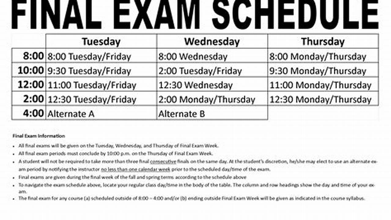 Final Examination Schedule Spring 2024 The Time Of An Examination May Not Be Changed After It Is Fixed In This Schedule And Has Been Posted On The Registrar’s Website., 2024