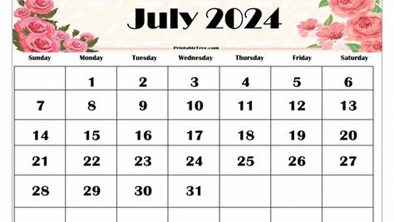 Floral July 2024 Calendar Printable Free