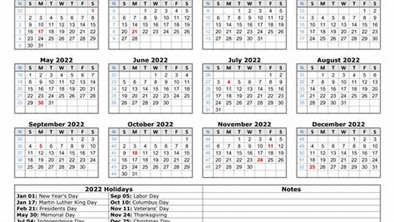 Free Printable 2024 Yearly Calendar With Federal Holidays 2022