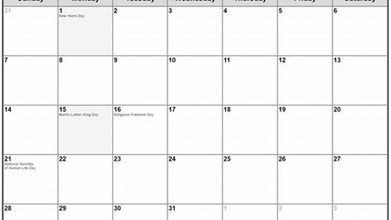 Free Printable January 2024 Monthly Calendar With Holidays 2024