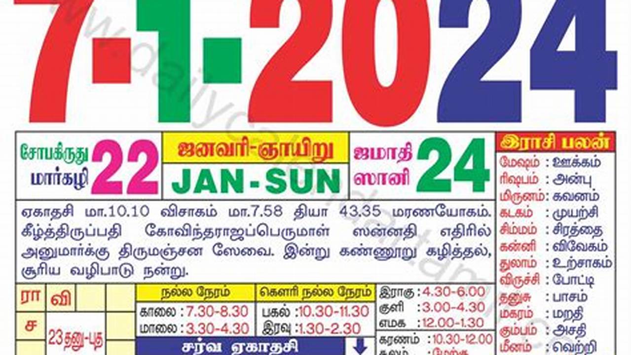 Get Tamil Panchangam For January, 2024 Showing Nakshatram, Thithi., 2024
