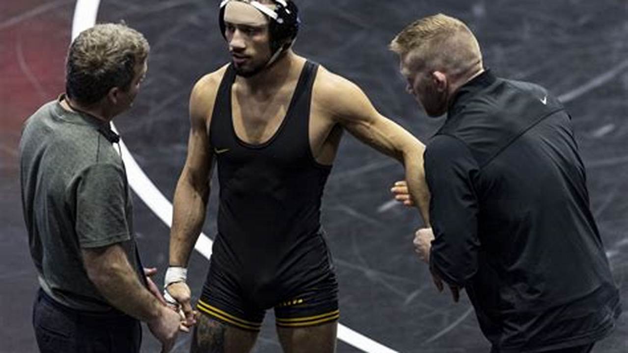 Iowa&#039;s Real Woods Is Introduced Before Wrestling At 141 Pounds During Ncaa Big Ten Conference Men&#039;s Wrestling Dual Against Minnesota, Monday, Jan., 2024