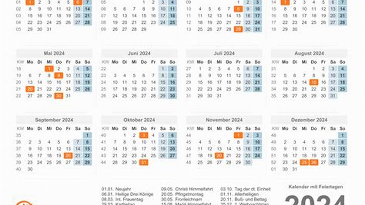 Jahreskalender 2024 Mit Kalenderwochen Und Den Feiertagen Für Deutschland., 2024