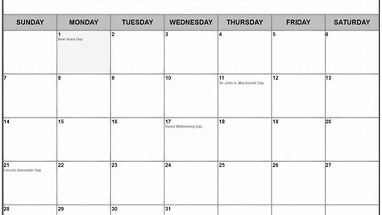 January 2024 Calendar Canada Blank