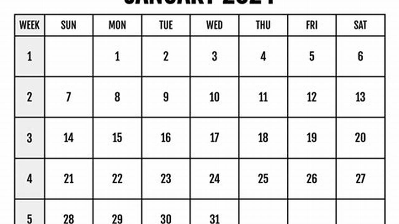January 2024 Calendar No Weekends