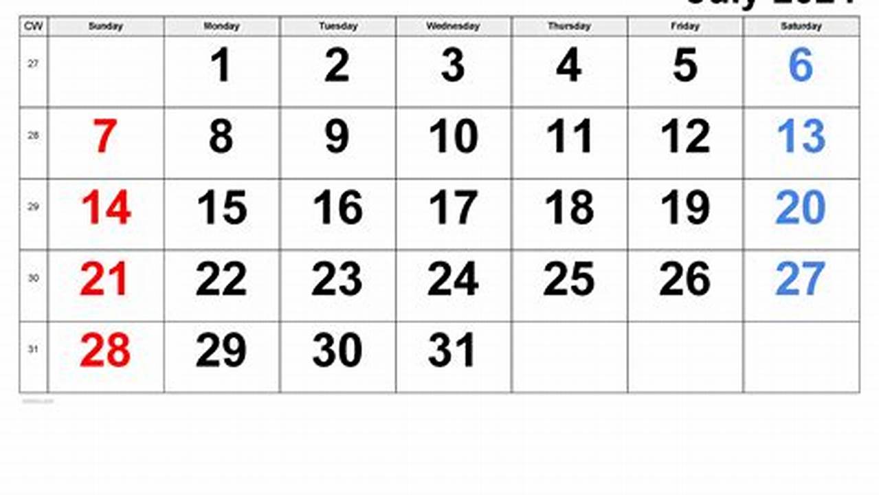 July 2024 Calendar Weekly Calendar