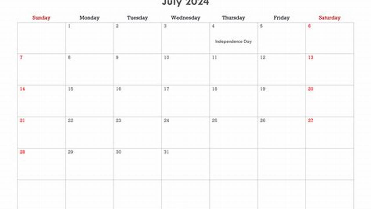July Monthly Calendar 2024 Editable