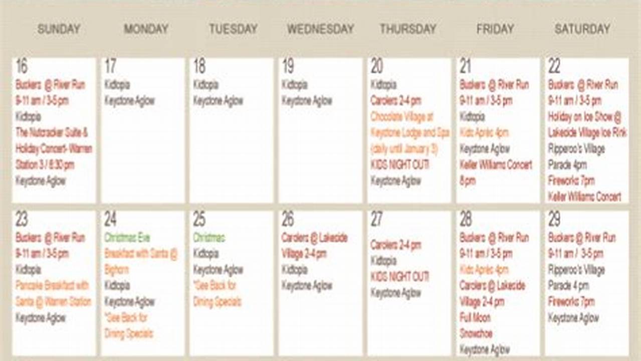 Keystone Resort Calendar