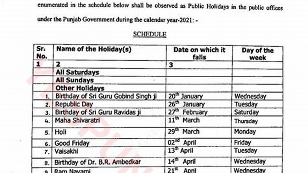 List Of Holidays 2024 Punjab