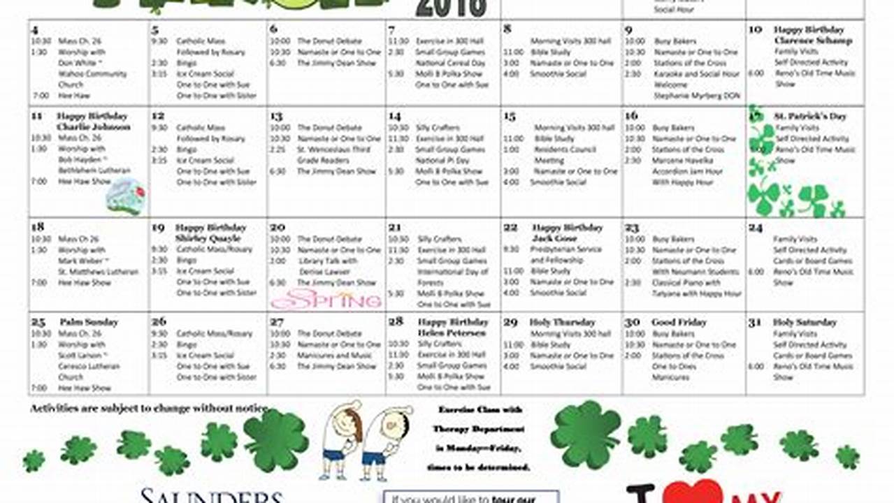 March Activity Calendar For Nursing Home