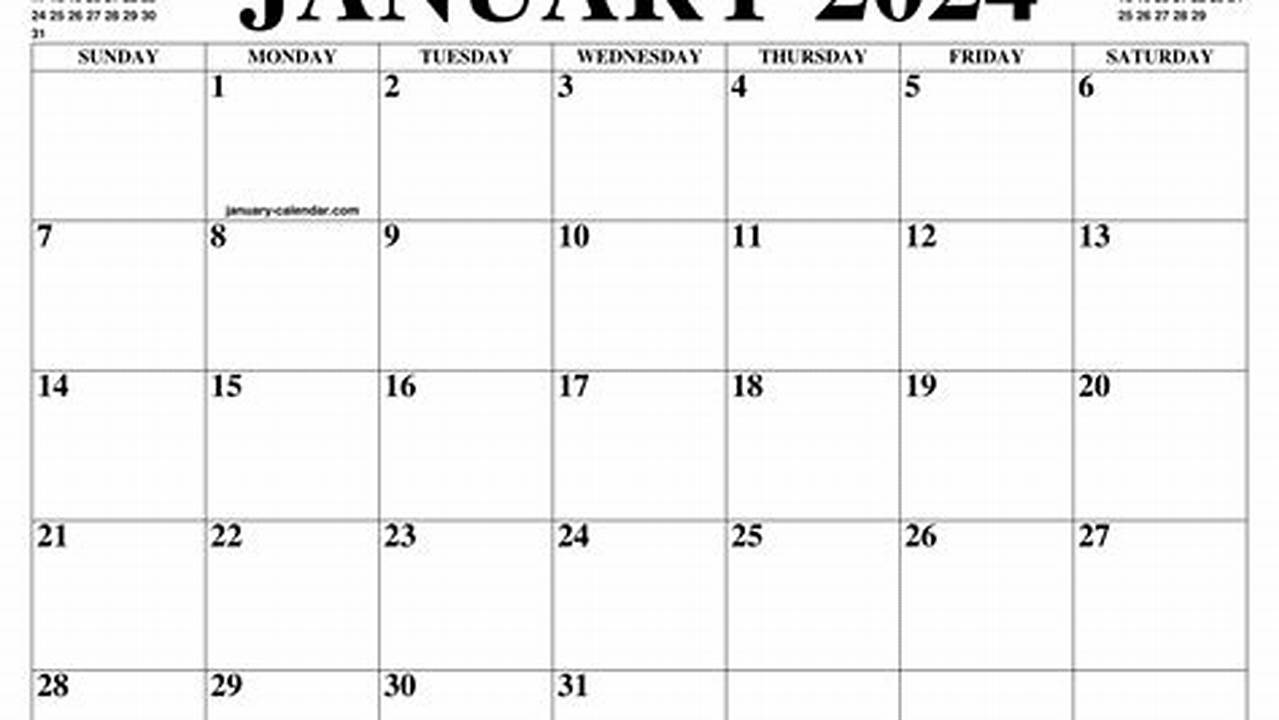 Monthly Calendar For The Month January In Year 2024., 2024