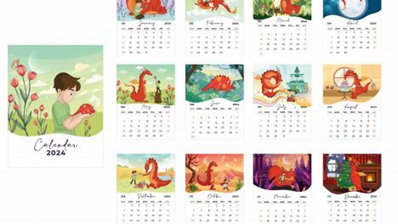 Monthly Calendar With Vector Illustrations Of Funny Dragon Character, Flat Cartoon Style., 2024