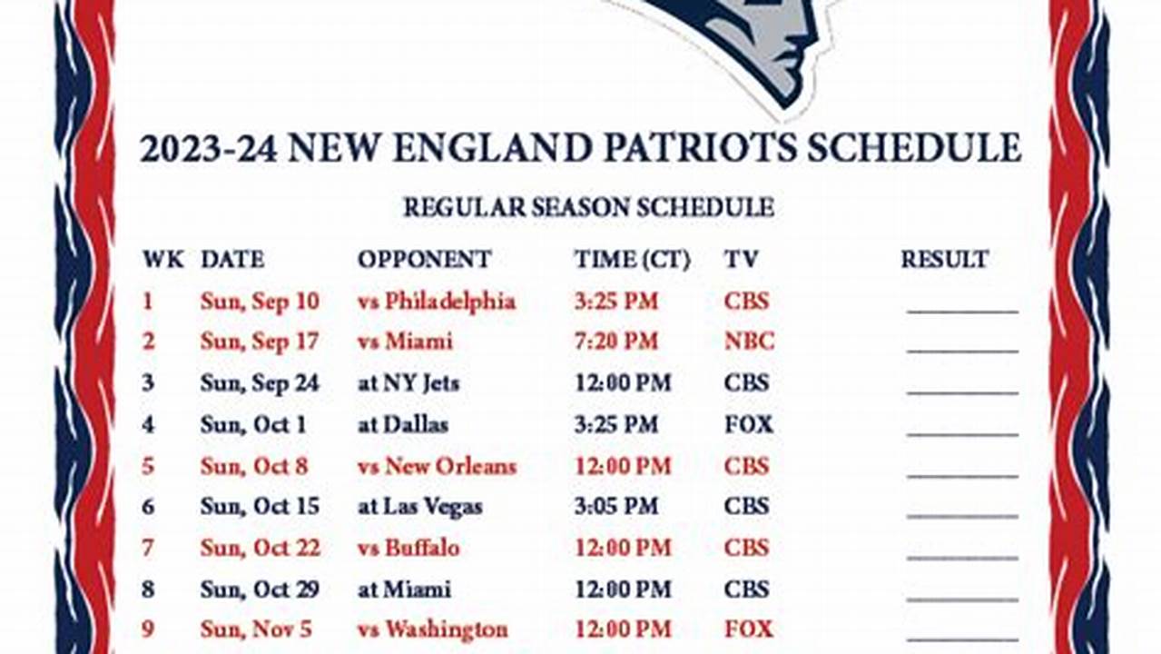 New England Patriots Printable Schedule 2024