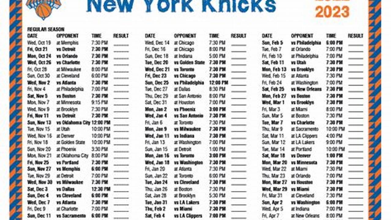 New York Knicks Roster 2024-23 Printable