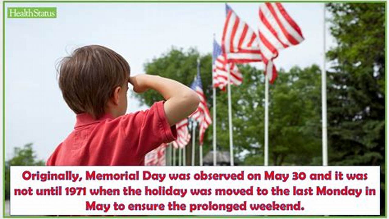 Originally, From 1868, Memorial Day Was On 30 May, But The Date Was Moved To The Last Monday Of The Month In 1971., 2024