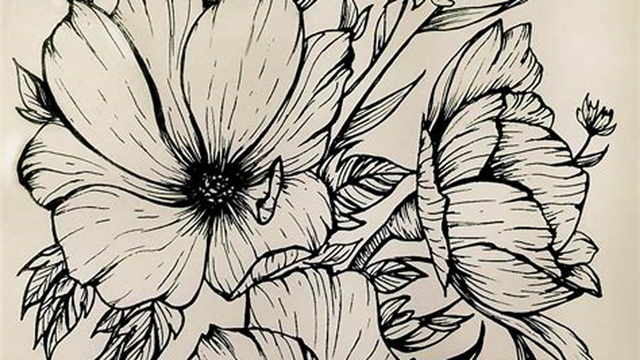 Pencil Sketch Drawing of Flowers