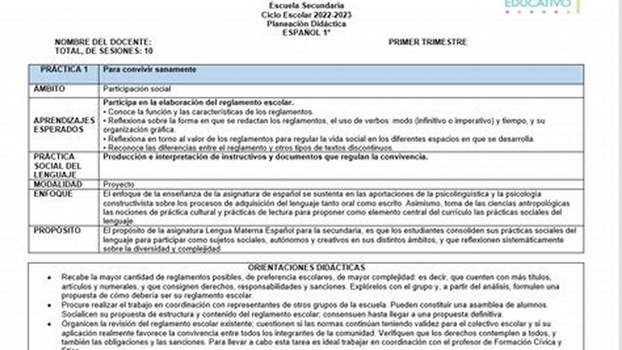 Planeacion De Español Primer Grado De Secundaria Nuevo Modelo Educativo