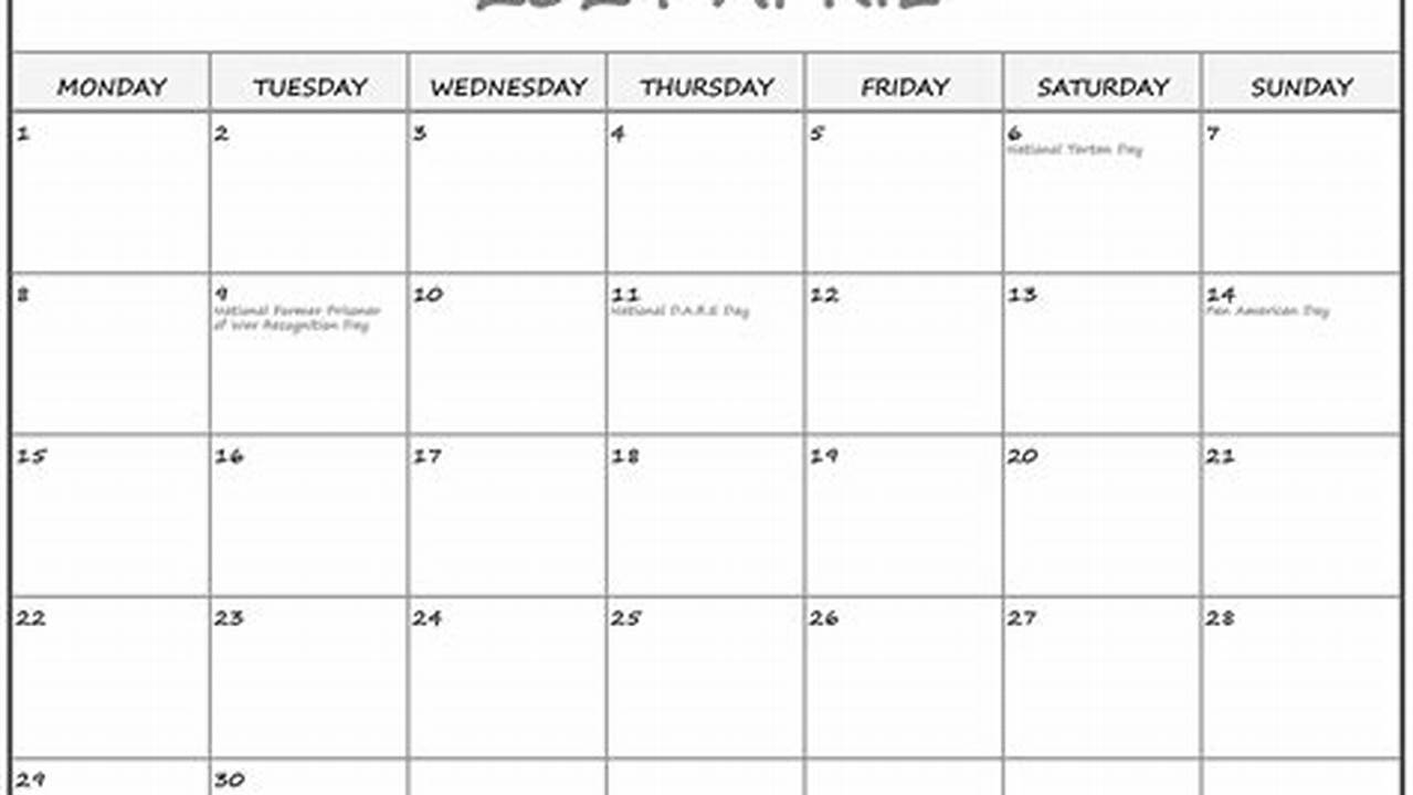 Printable April 2024 Calendar Monday Start And End